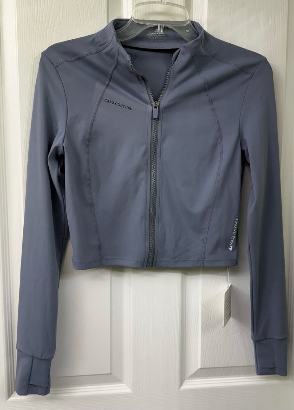 Cabo Couture cropped active jacket in a blue-grey color new thumbholes medium